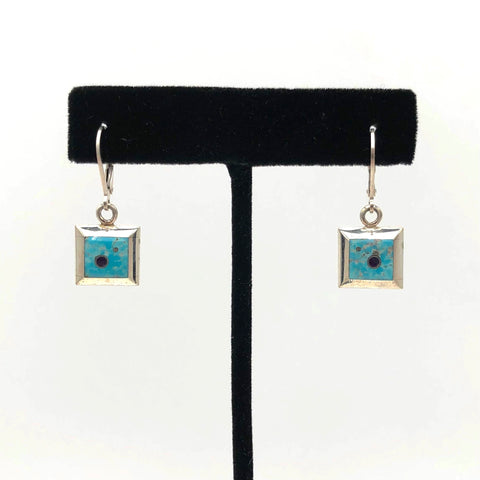 Veronica Benally - Earrings - Silver Small Square (Turquoise, Coral Accent)