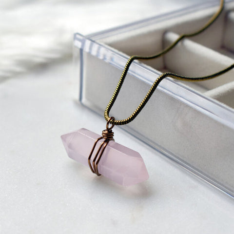 Edgy Petal - Necklace - "Maleficent" -  Geometric Wrapped Rose Quartz Crystal