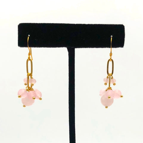 Edgy Petal - Earrings - Gold Chain & Stone Cluster (Rose Quartz) #CLUS-5