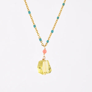 Edgy Petal - Necklace - 'Zaria' Lemon Quartz Pendant (Coral Bead, Turquoise Enamel Accent) #CB-3