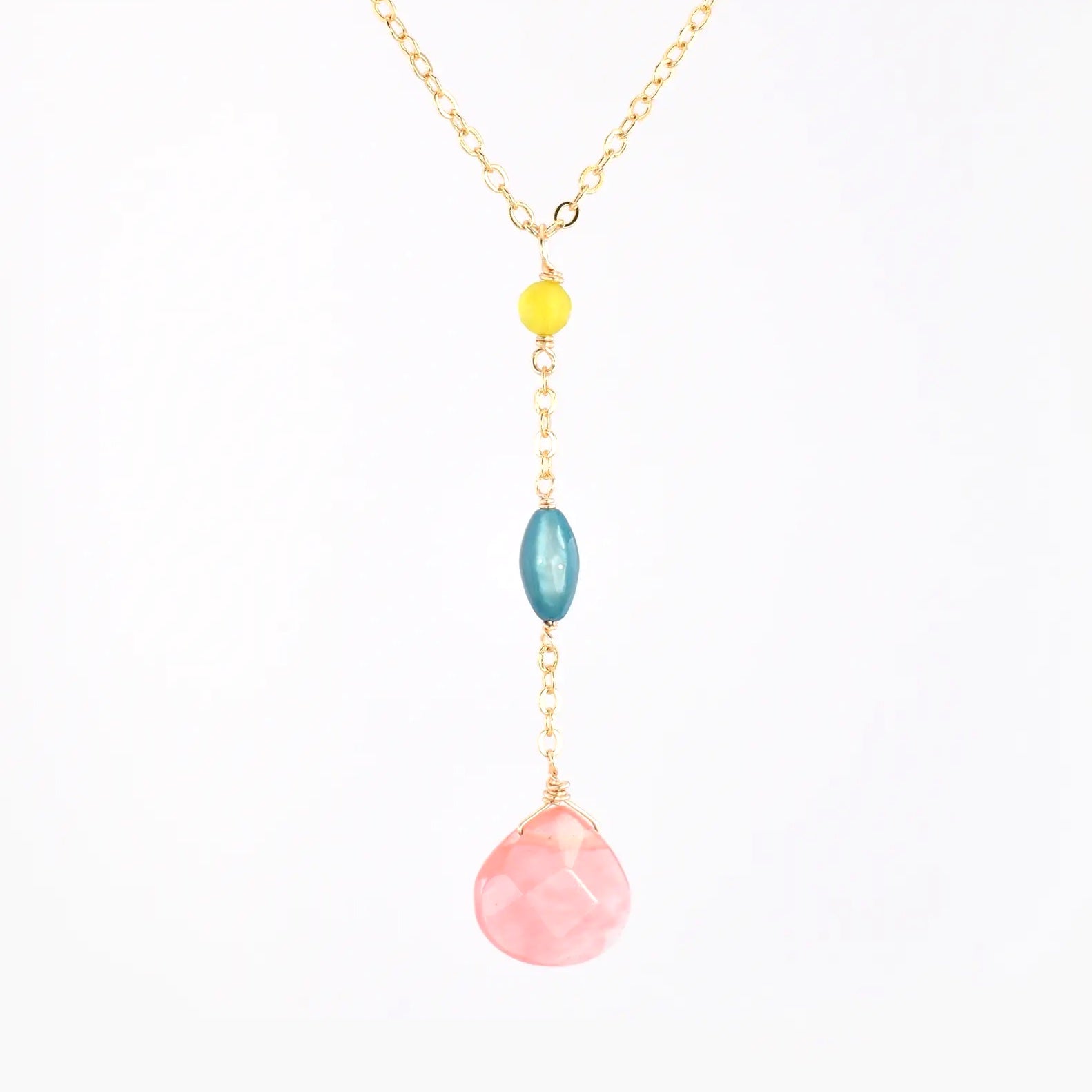 Edgy Petal - Necklace - 'Avalyn' Y-Necklace (Peach Crystal, Lemon Jade, Teal Mother-of-Pearl) #CB-5