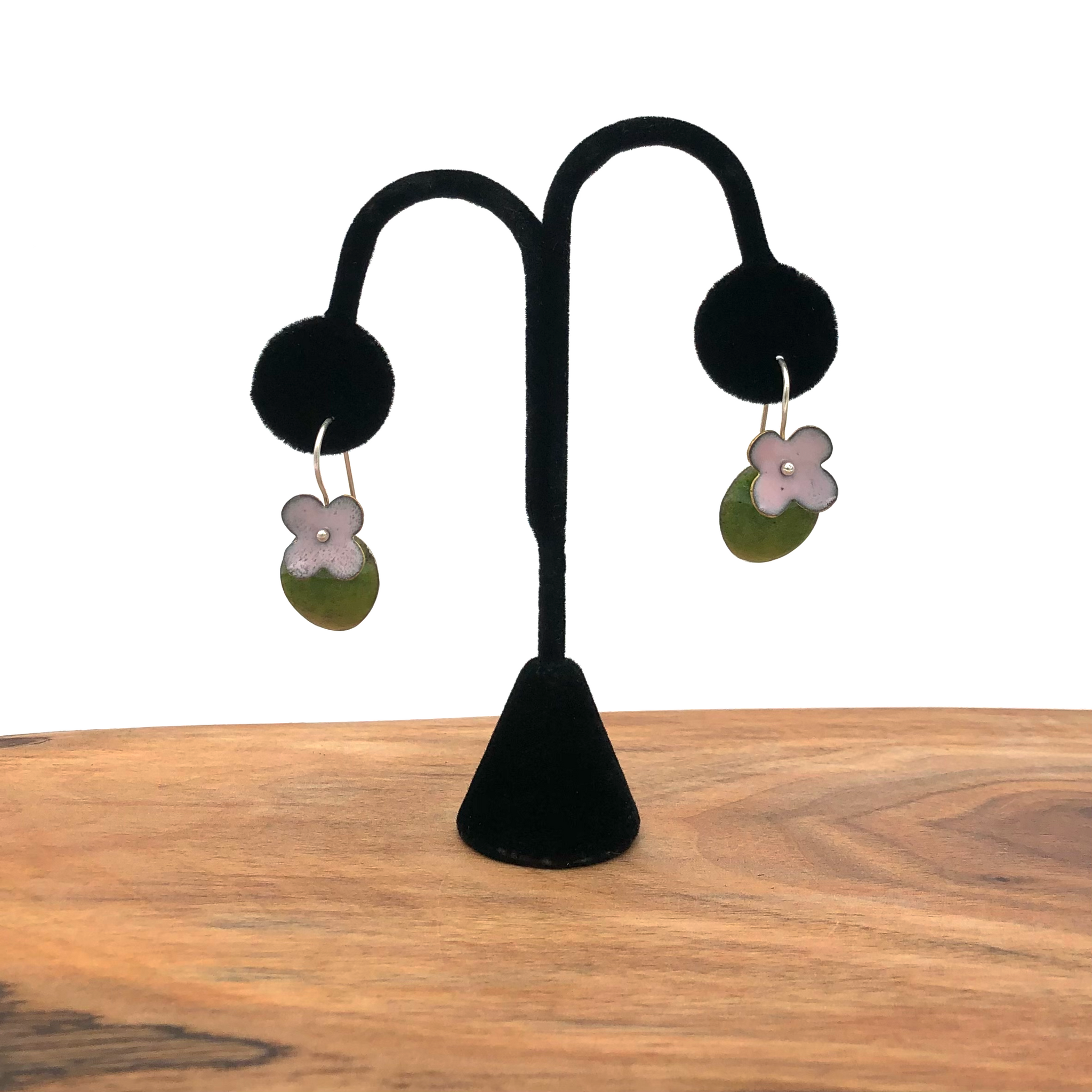 Jenny Walker Jewelry - Earrings - Green Leaf with Pink Flower