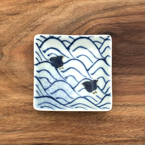 TRIPWARE Japan - Square Painted Porcelain Soy Sauce Dish (Blue Chidori Birds)