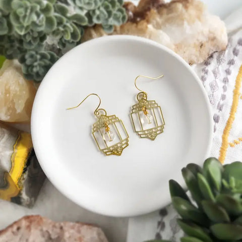 A Tea Leaf - Earrings - Art Deco Lantern with Quartz (Gold) #ATL-E-237-Q